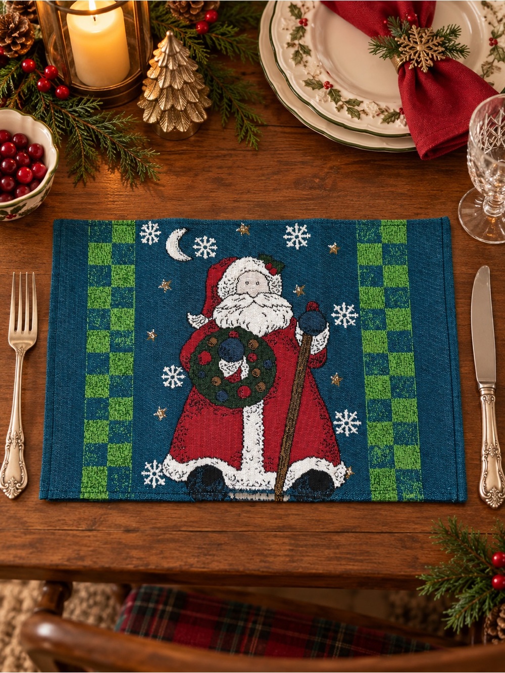 Vintage Set of 6 Holiday Santa Tapestry Style Table Placemats